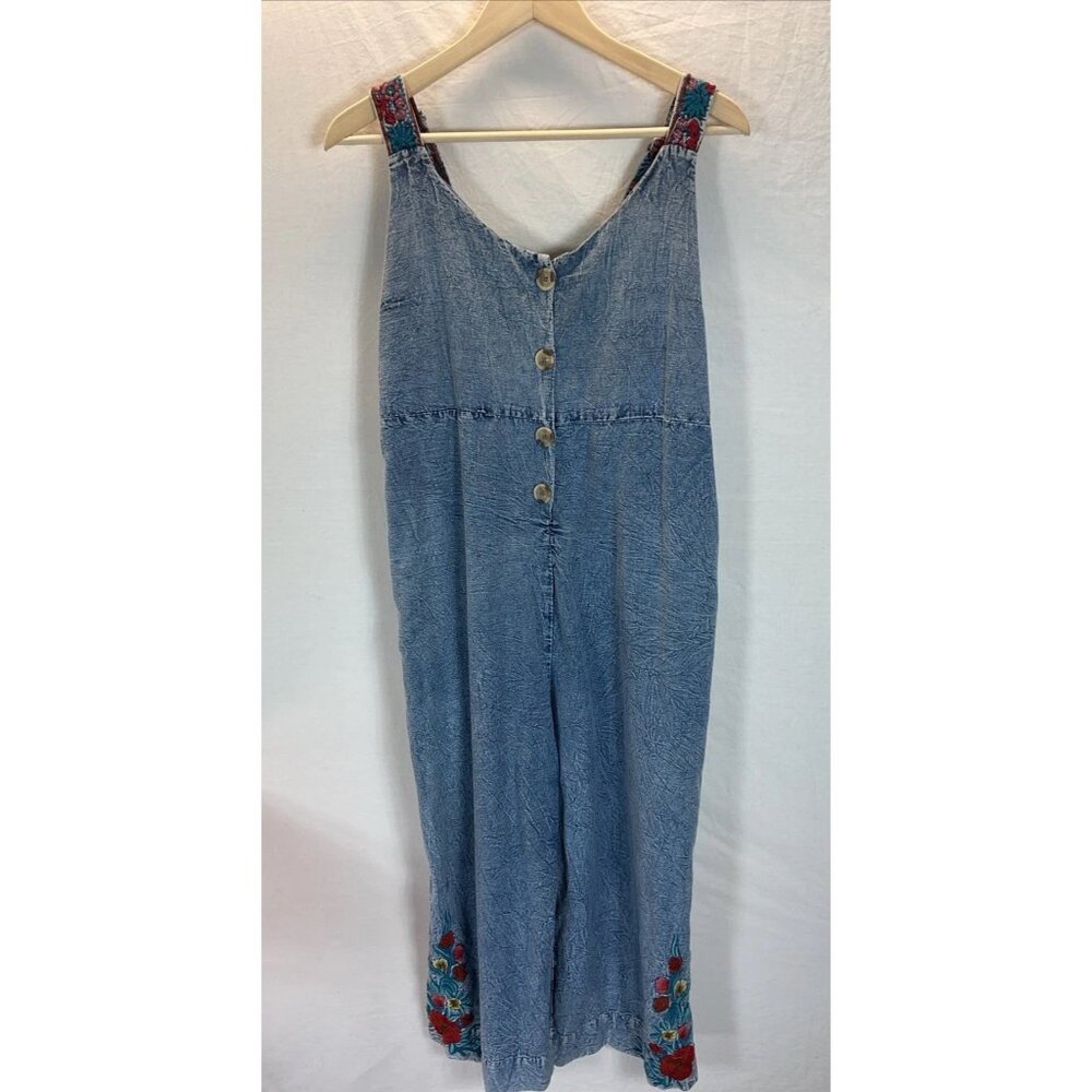 Avani Del Amour M  Blue denim Floral Embroidered Boho Hippie Romper Jumpsuit‎